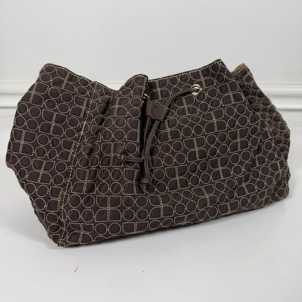 Kate Spade Womens Brown Quilted Nylon Shoulder Bag Hobo Drawstring Geometric